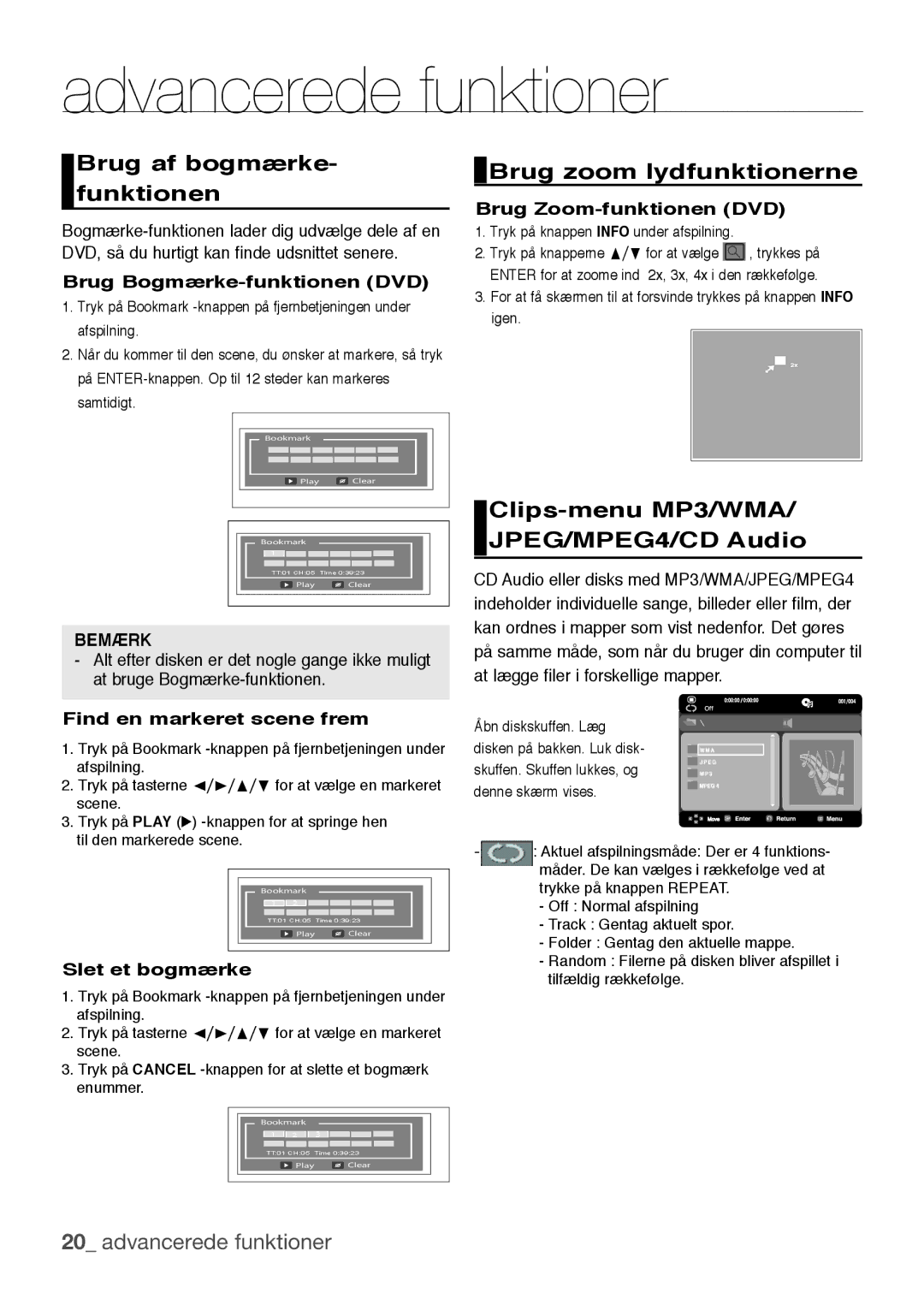 Samsung DVD-H1080/XEE manual Brug af bogmærke Brug zoom lydfunktionerne Funktionen, Clips-menu MP3/WMA, JPEG/MPEG4/CD Audio 